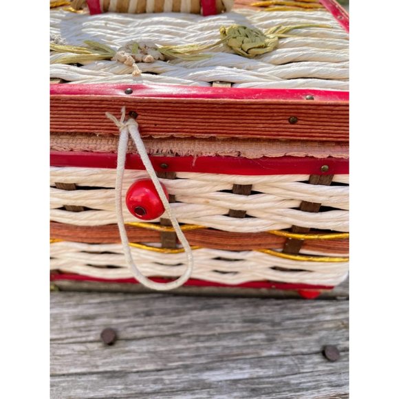 Vintage raffia straw Small Sewing Box Retro Red - Picture 7 of 15